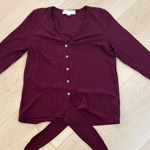 Michael Kors Burgundy Ribbed Button-Down Tie-Front Top